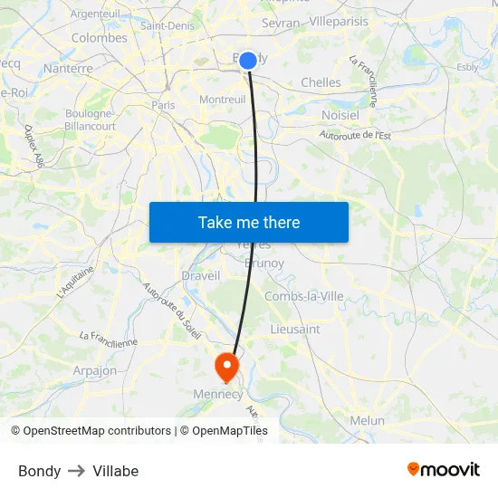 Bondy to Villabe map