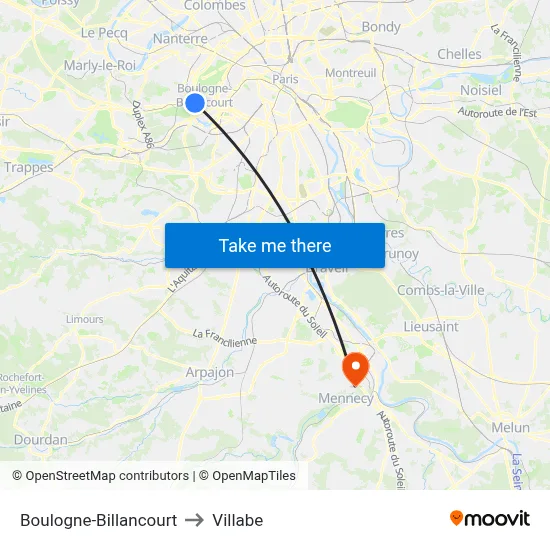 Boulogne-Billancourt to Villabe map