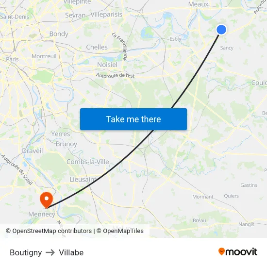 Boutigny to Villabe map