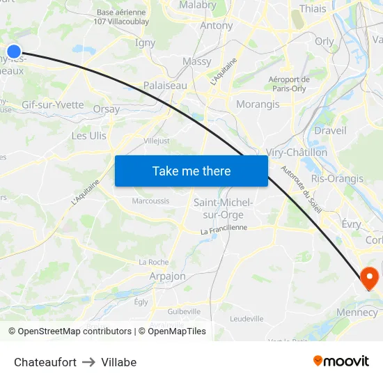 Chateaufort to Villabe map
