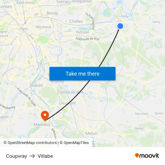 Coupvray to Villabe map