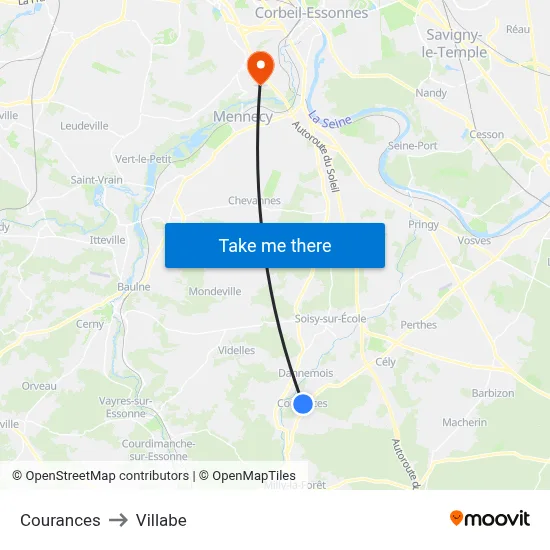 Courances to Villabe map