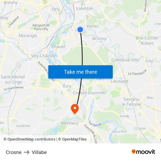 Crosne to Villabe map