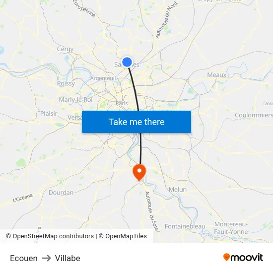 Ecouen to Villabe map