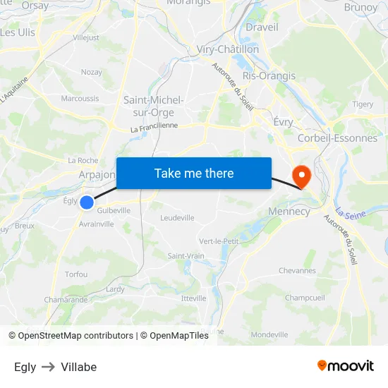 Egly to Villabe map