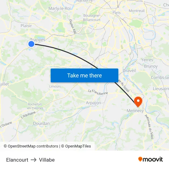 Elancourt to Villabe map