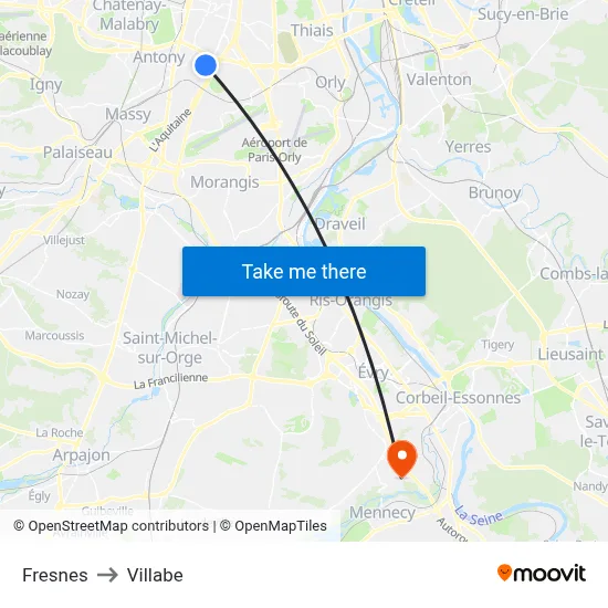 Fresnes to Villabe map
