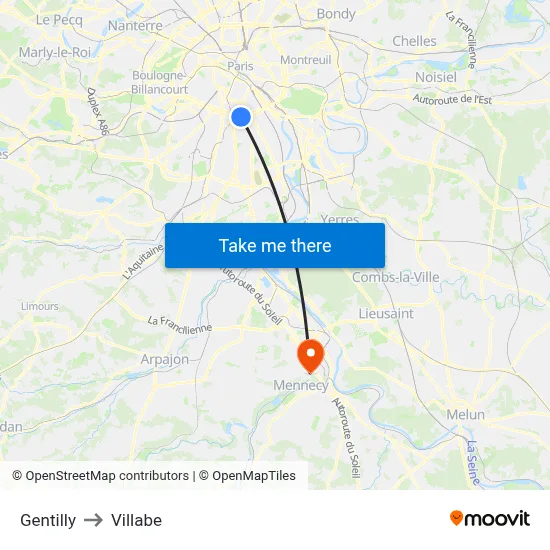 Gentilly to Villabe map