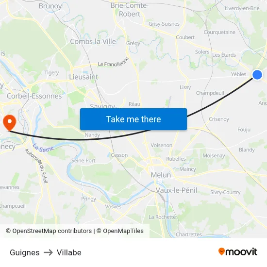 Guignes to Villabe map