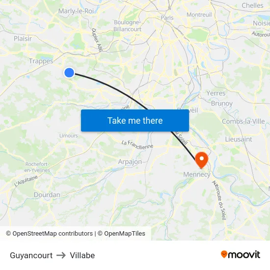 Guyancourt to Villabe map