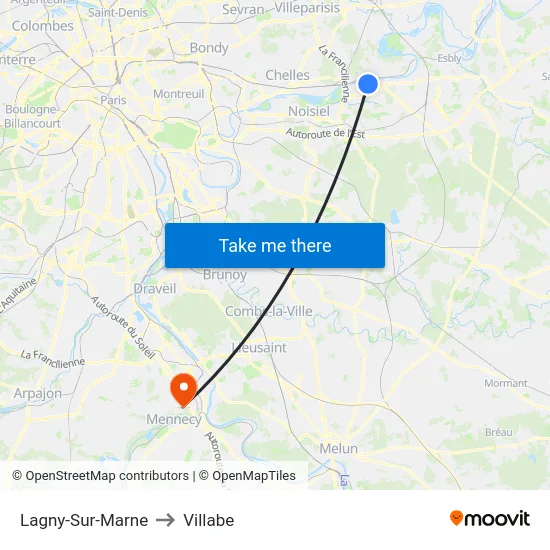 Lagny-Sur-Marne to Villabe map