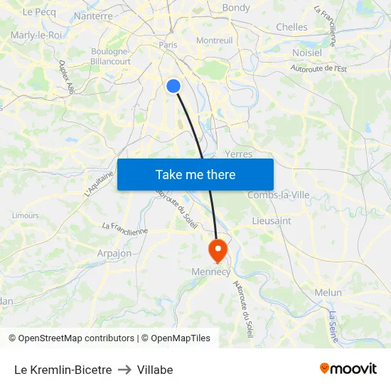 Le Kremlin-Bicetre to Villabe map