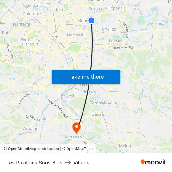 Les Pavillons-Sous-Bois to Villabe map