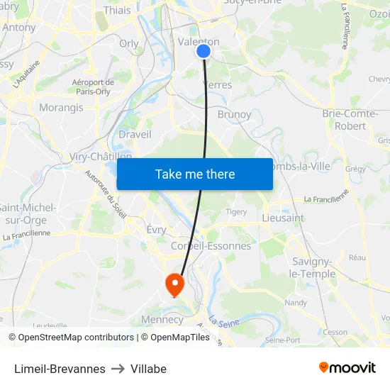 Limeil-Brevannes to Villabe map