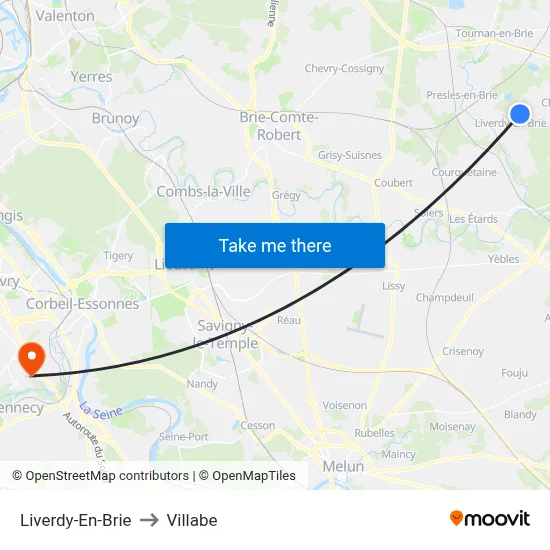 Liverdy-En-Brie to Villabe map