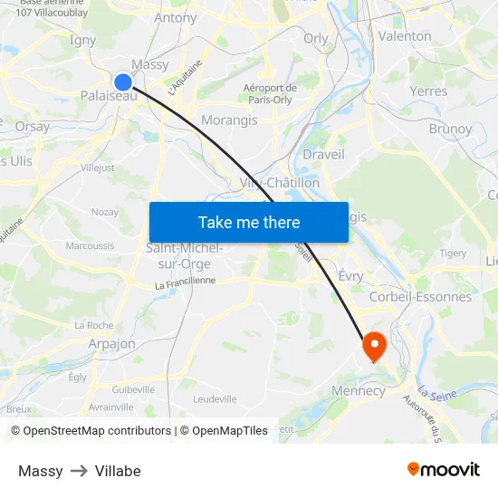 Massy to Villabe map