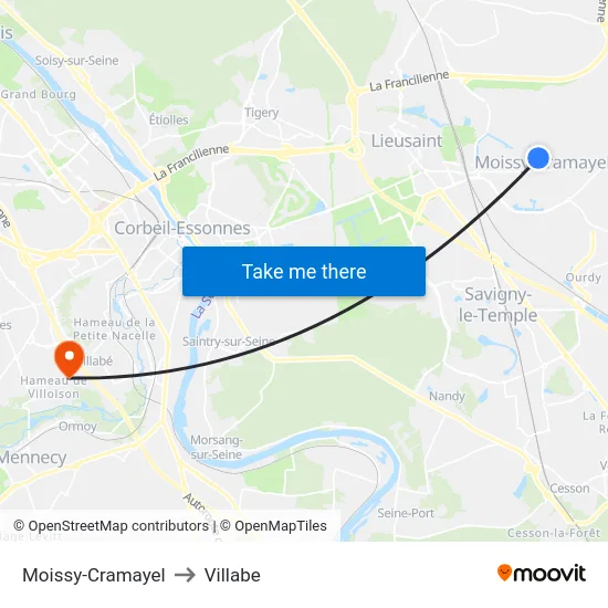 Moissy-Cramayel to Villabe map
