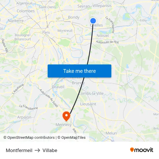 Montfermeil to Villabe map