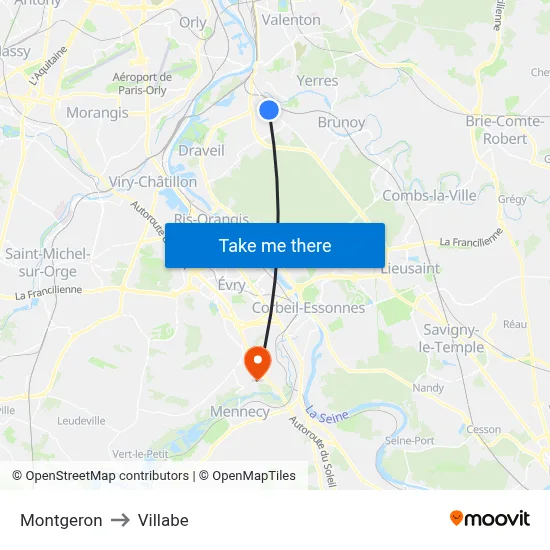 Montgeron to Villabe map