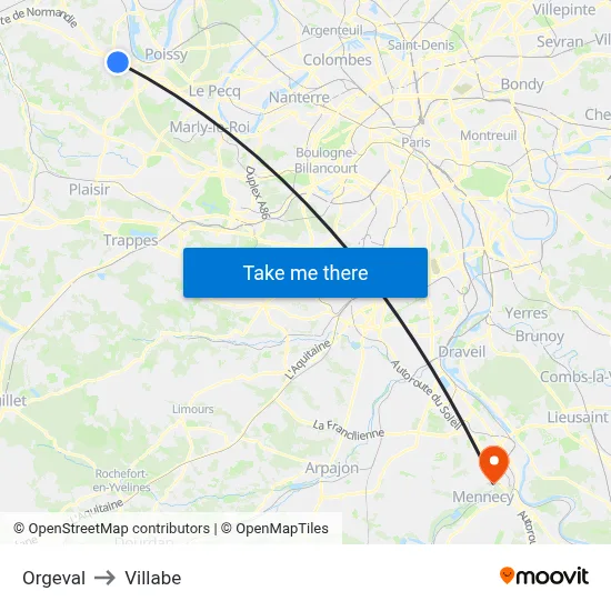 Orgeval to Villabe map