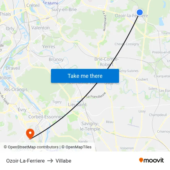 Ozoir-La-Ferriere to Villabe map