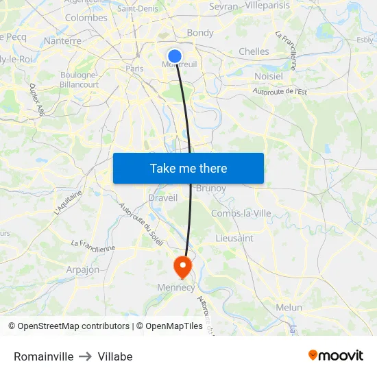 Romainville to Villabe map