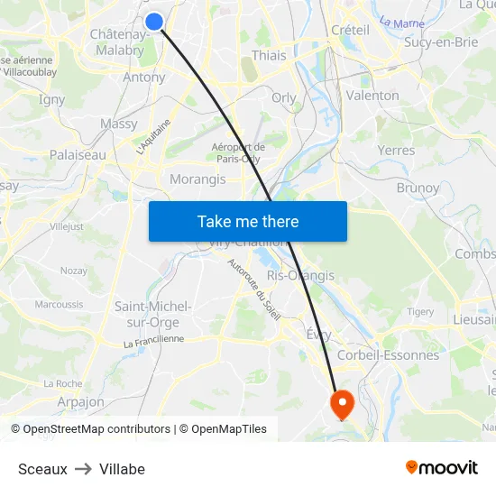 Sceaux to Villabe map
