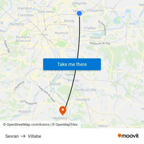 Sevran to Villabe map