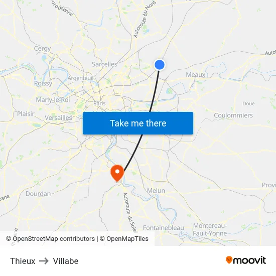 Thieux to Villabe map