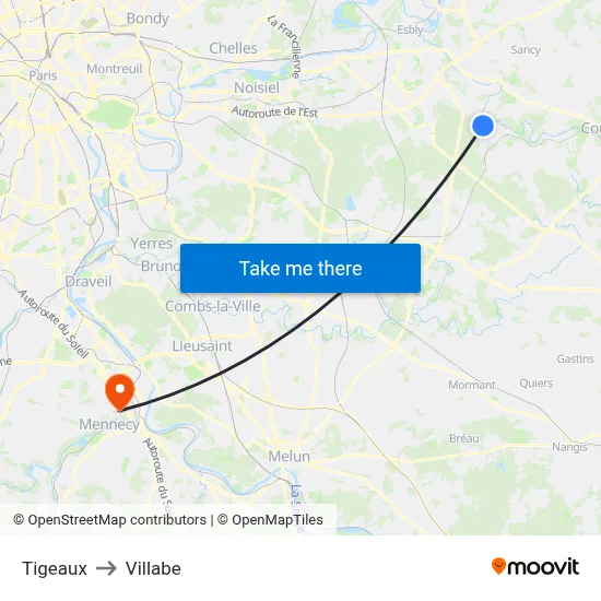 Tigeaux to Villabe map