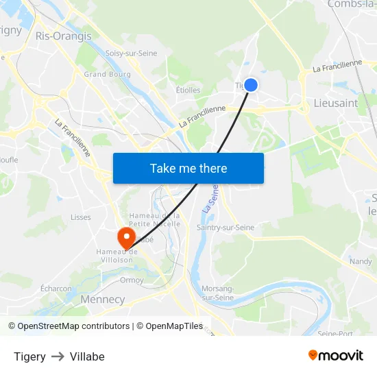 Tigery to Villabe map