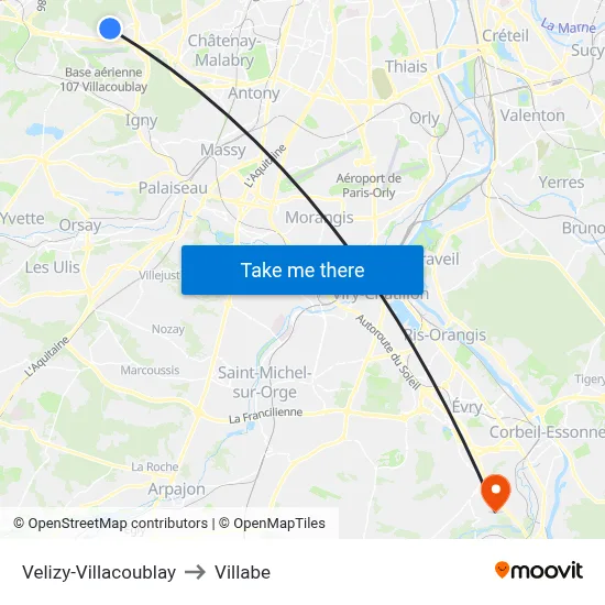 Velizy-Villacoublay to Villabe map