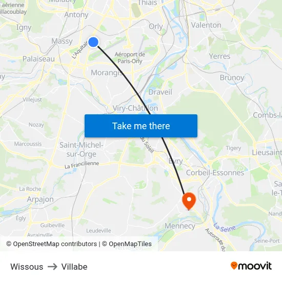 Wissous to Villabe map