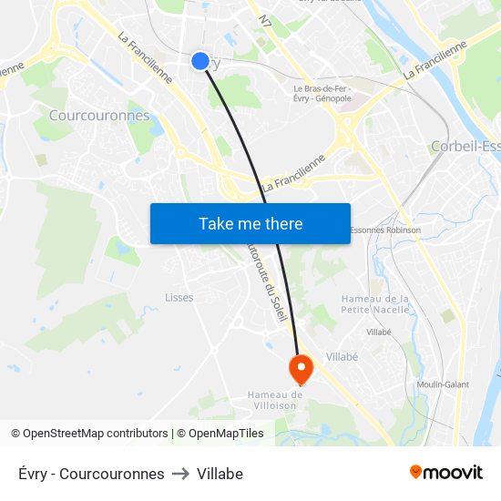 Évry - Courcouronnes to Villabe map