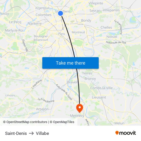Saint-Denis to Villabe map