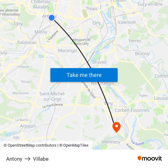 Antony to Villabe map