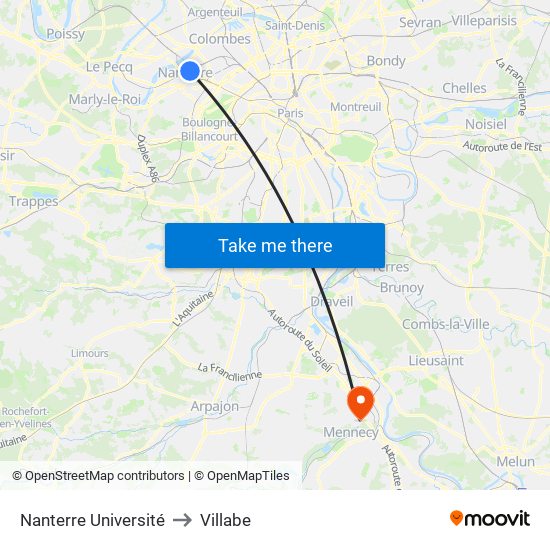 Nanterre Université to Villabe map