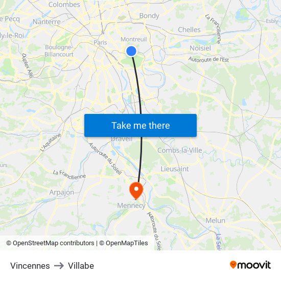 Vincennes to Villabe map