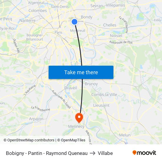 Bobigny - Pantin - Raymond Queneau to Villabe map