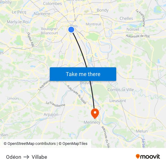 Odéon to Villabe map