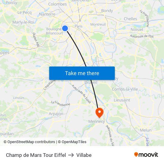 Champ de Mars Tour Eiffel to Villabe map