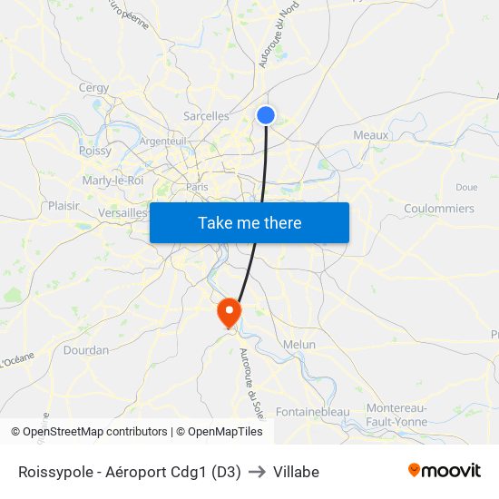 Roissypole - Aéroport Cdg1 (D3) to Villabe map
