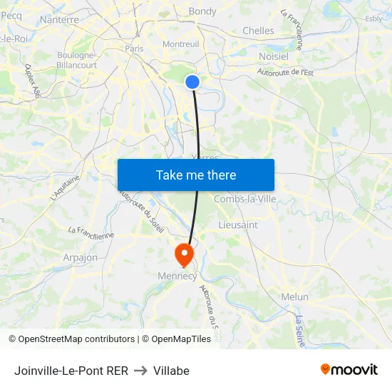 Joinville-Le-Pont RER to Villabe map