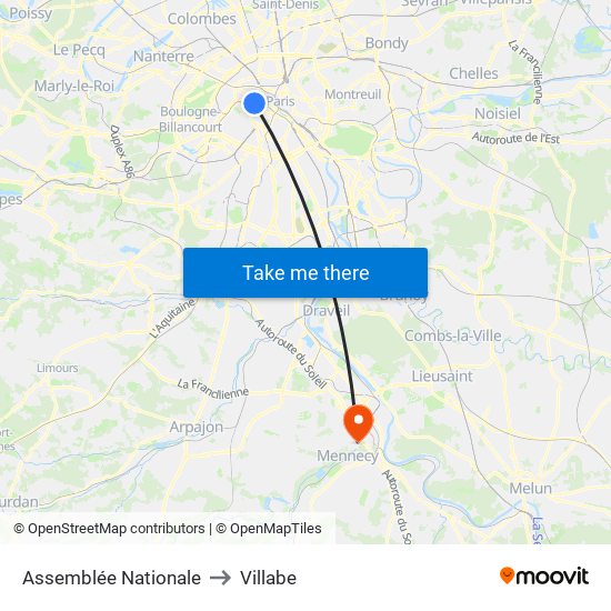 Assemblée Nationale to Villabe map