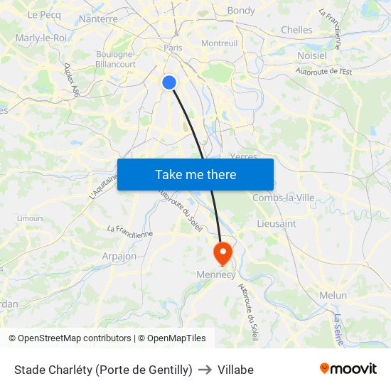 Stade Charléty (Porte de Gentilly) to Villabe map
