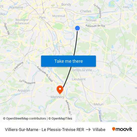 Villiers-Sur-Marne - Le Plessis-Trévise RER to Villabe map