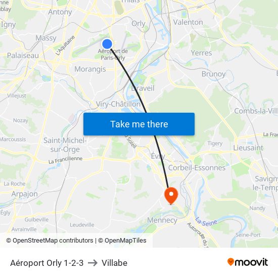 Aéroport Orly 1-2-3 to Villabe map