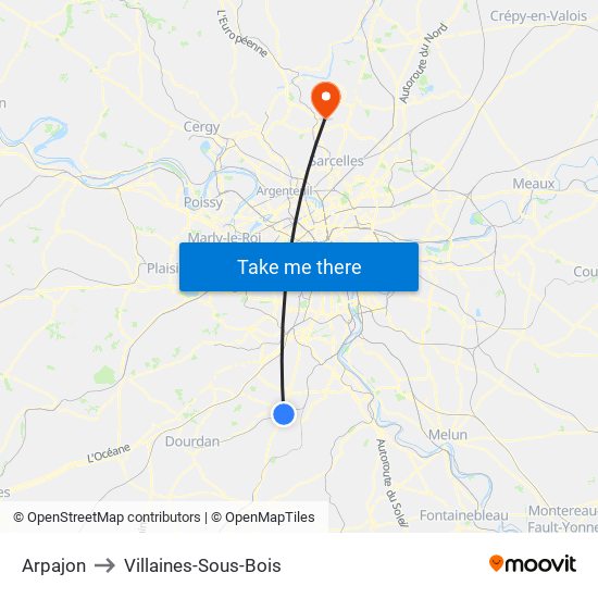 Arpajon to Villaines-Sous-Bois map