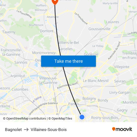 Bagnolet to Villaines-Sous-Bois map