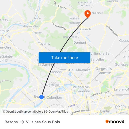 Bezons to Villaines-Sous-Bois map